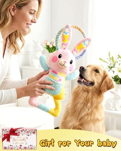 Swooflia Easter Tug of War Dog Toy - Squeaky Plush Dog Toy for Small Medium Dogs to Keep Busy, Interactive Crinkle Doggie Toy Cute Bunny with Soft Long Pull Handle (Not for Big & Aggressive Chewer)