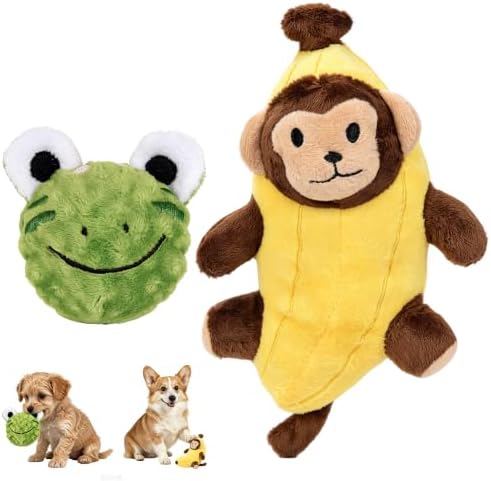 2-Pack Dog Squeaky Toy Plush Banana with Monkey & Frog Ball