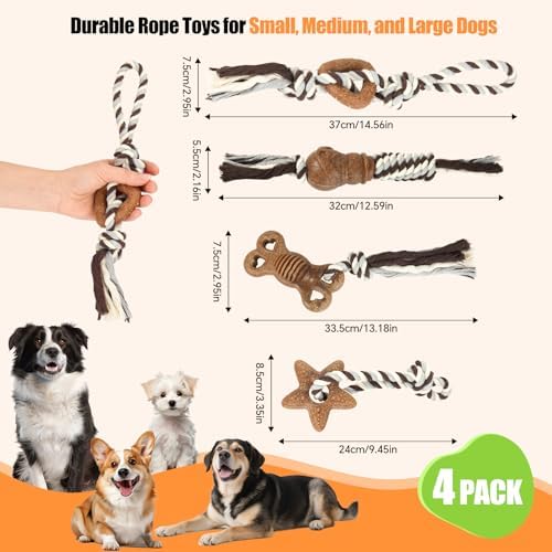 4 Pack Dog Chew Toys for Aggressive Chewers – Puppies & Adults, Multiple Textures & Rope， ndestructible Tough Durable Interactive Dog Toys， Brown Triangle&Stars&Bone&Snowman