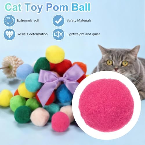 Cat Toy Pom Ball, Interactive Cat Ball Toys Fuzzy Pompoms (Plush, 1.2Inch, 30Pcs, Rose Red) for Kittens Pet Enrichment Training Play Indoor