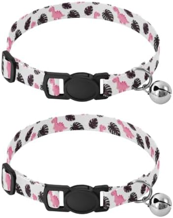 Cute Dinosaurs Black Tropical Leaf Cat Bell Collar 2 Pack Pet Collars Adjustable 10.6 to 17.1 Inches