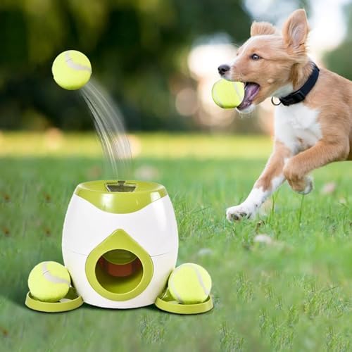 Interactive Dog Training Toy, Dog Tennis Ball Food Reward Machine with Automatic Treat Dispenser, Rechargeable Tennis Ball Throwing Machine for Small to Medium Dogs (Green)