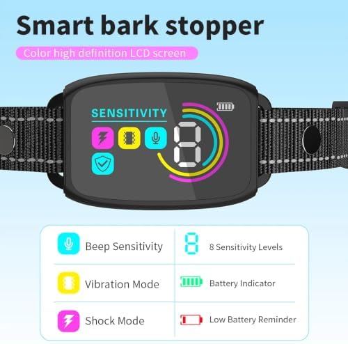 Smart Anti Bark Collar for Small Medium Large Dogs, Rechargeable Dog Barking Collar with HD Color Screen, AI Smart Recognition, IP67 Waterproof, 4 Training Modes & 8 Sensitivity Levels
