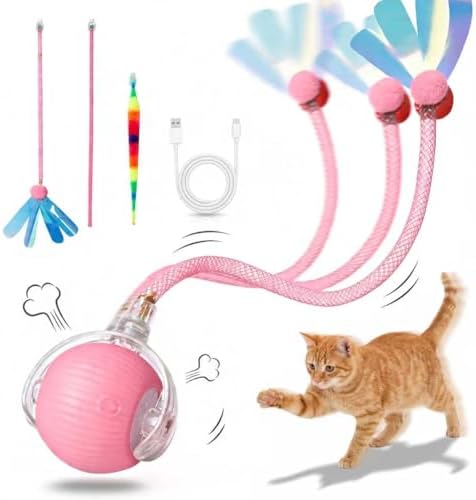 Interactive Cat Toys Ball，Automatic Interactive Cat Toy with 3 Modes, LED Light & 3 Replaceable Accessories, Indoor Cat Exercise Toy for Kittens & Adult Cats, Relieves Boredom Peach Pink