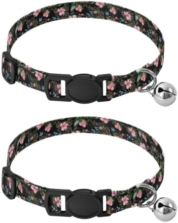 Watercolor Flowers Cat Collars with Bell 2 Pack Kitten Collars Adjustable 10.6 to 17.1 Inches
