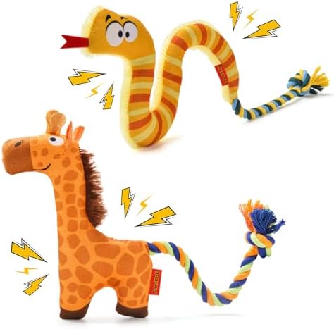 AUSCAT Plush Dog Rope Toy, Durable Squeaky Dog Toys for Puppy Small Medium Dogs (Not for Aggressive Chewers), Snake & Giraffe