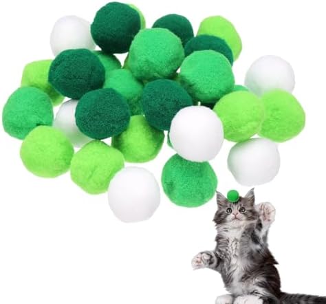 Cat Toy Pom Ball, Interactive Cat Ball Toys Fuzzy Pompoms (Plush, 1.2Inch, 30Pcs, Green Tones) for Kittens Pet Enrichment Training Play Indoor
