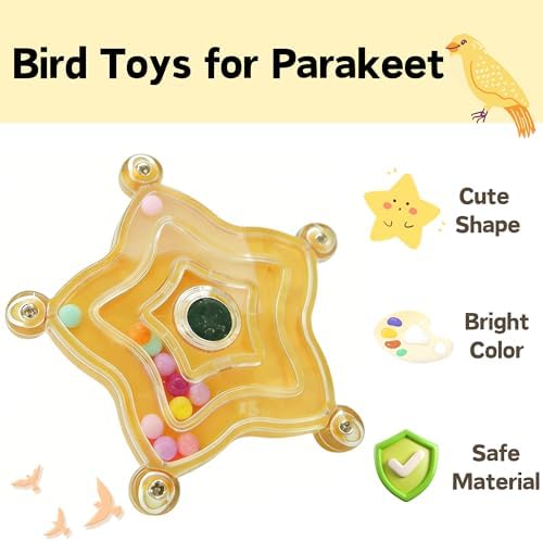 Spinning Bird-Toys Bird Cage Toys & Bird Perch Parrot-Parakeet Budgie Cockatiel Conure Macaw Chicken Parrot Enrichment Cage Accessories Small Animal Chewing Toy (Yellow Star)