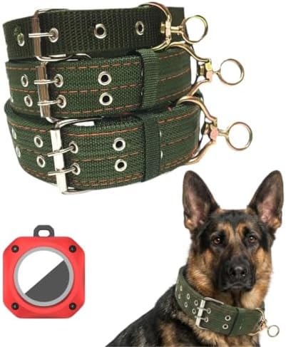 Tactical Heavy Duty Nylon Dog Collar for Large & Medium Dogs - Includes AirTag Compatible Case - Double-Lock Buckle & Reinforced D-Ring (Green, Medium: Width = 1.6"; Neck = 14" - 19")