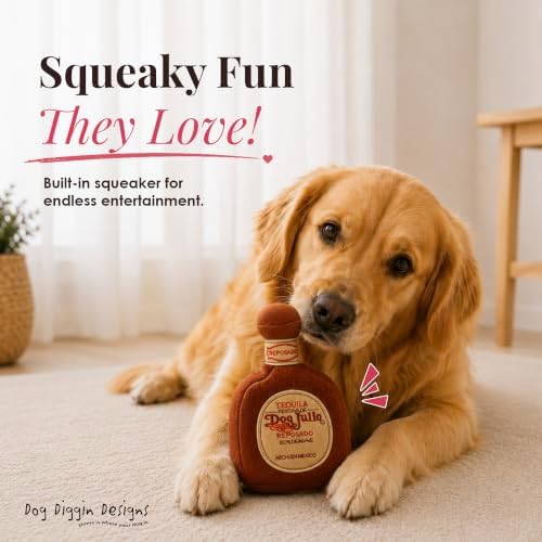 Dog Diggin Designs Dog Julio Tequila Plush Dog Toy | Luxury-Inspired Parody Tequila Bottle Dog Toy with Squeaker, Soft Plush Novelty Dog Toy – Shaken, Not Stirred!