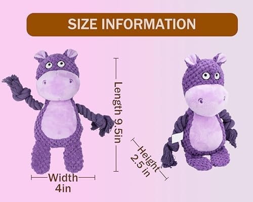 Squeaky Dog Toy Chew Plush Stuffed with Cotton Rope Crinkle Paper Soft Interactive Durable for Small Medium Large Dogs Puppy Pet Purple Hippo
