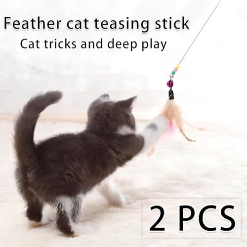 2 PCS Cat Toys Interactive for Indoor Cats,Cat Feather Toys and Wand Toys for Chase Exercise and Teaser Play with Kitten