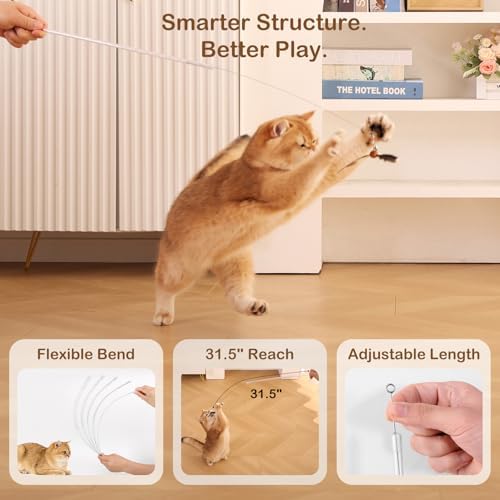 Retractable Cat Wand Toy with Spinning Natural Feather – Interactive Cat Teaser Wand for Indoor Cats, Adjustable Lightweight Cat Toy Wand with 4 Feather Refills - No String Version