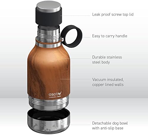 Asobu Buddy Bottle a Stainless Steel Insulated Water Bottle for with Removable Dog Water Bowl and Dog Food and Treat Storage Bowl (Wood, 37 oz Water Bottle with Bowl)
