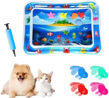 2026 Upgraded Cat Water Mat – 5-Layer Anti-Scratch Leak-Proof Sensory Play Mat for Indoor Cats, BPA-Free Cooling Water Pad, Interactive Enrichment Toy (S9, 65 * 50CM, 4 Fish + Pump Included)