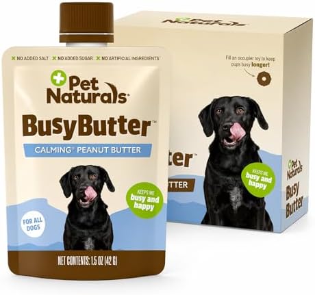Pet Naturals BusyButter Easy Squeeze Calming Peanut Butter for Dogs, 6 Pouches - Great for Treats, Lick Mats, Training, Calming, and Occupier Toys, Busy Butter, 1.5oz (Pack of 6)