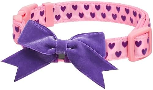 Blueberry Pet Adjustable Flocking Dog Collar with Detachable Velvety Bowtie - Heart in Gothic Grape