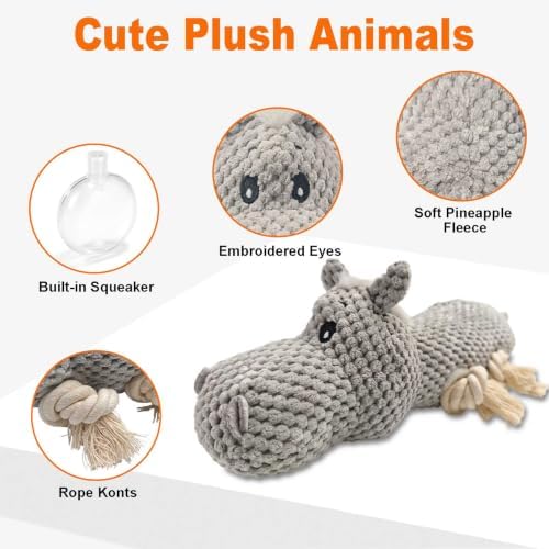 Gray Donkey Plush Chew Dog Toy, 13.4 in, Squeaker and Rope
