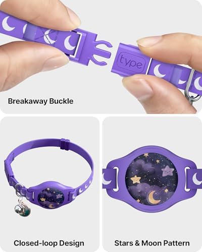 typecase Reflective Breakaway Cat Collar with AirTag Holder, Purple & White | Purple Reflective Breakaway Cat Collar With Bell And Silicone AirTag Holder; Adjustable 8-12 In; AirTag Not Included