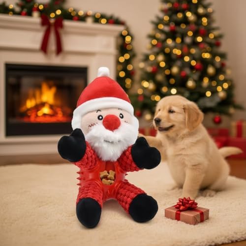 Durable Christmas Santa Dog Toy with Plush Head & Textured Rubber Chew Body | Squeaky Holiday Pet Gift (Santa Claus)