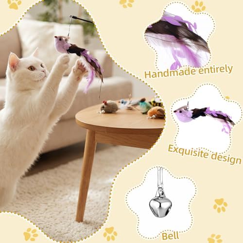 Leitee 30 Pcs Cat Feather Toy Refills, Wand Replacements Bird Insect Mice