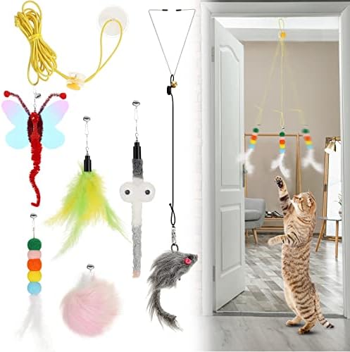 Charniol 8 Pcs Interactive Cat Feather Toys, Indoor Hanging Retractable Cat Toys, Dragonfly Little Mouse Interactive Teaser Toy Kitten Toy for Self Indoor Play Make Fun Chase Exercise, 6 Styles