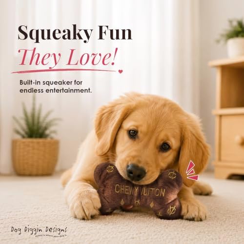 Dog Diggin Designs Chewy Vuiton Plush Dog Toy Bone | Luxury-Inspired Parody Designer Bone with Squeaker, Soft Plush Chew & Play Dog Toy – Prêt-à-Porter Play!