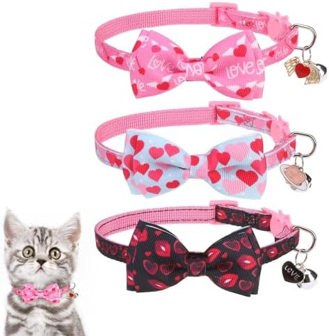 KOOLTAIL Pink Cute Cat Collars Breakaway with Bowtie and Bells, 3 Pack Girl Kitten Collars, Adjustable Safety Buckle Heart Charm Pendant Pet Collars for Kitty Boys Girls Cats Holiday