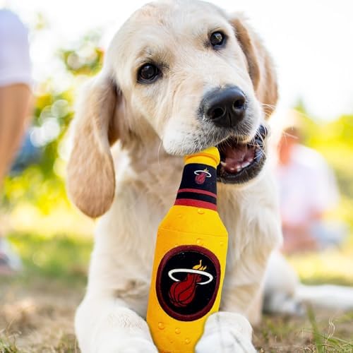 Pets First NBA Miami Heat Beer Bottle Plush Dog & CAT Squeak Toy - Cutest Stadium SODA Bottle Snack Plush Toy for Dogs & Cats with Inner Squeaker & Beautiful Basketball Team Name/Logo