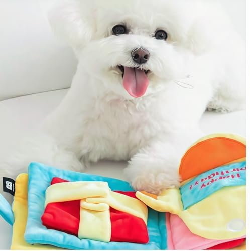 Cute Dog Birthday Toy Squeaky Snuffle Mat for Small Medium Dogs Interactive Plush Book Treat Puzzle for Puppy Crinkle Gifts (Orange)