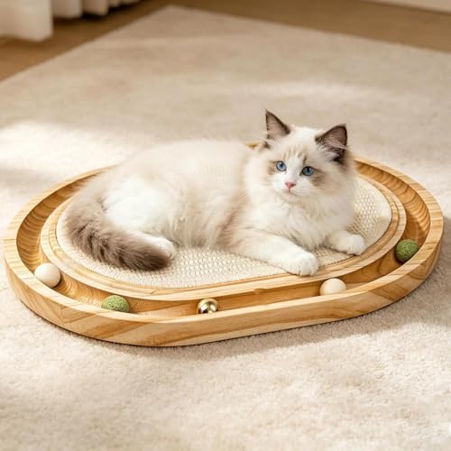 Cat Scratcher Toy with Ball Track, Kitten Interactive Toy, Natural Sisal Cat Scratch Pad for Indoor Cats, Sturdy Solid Wood Frame, Physical Exercise for Kitty & Medium Cat