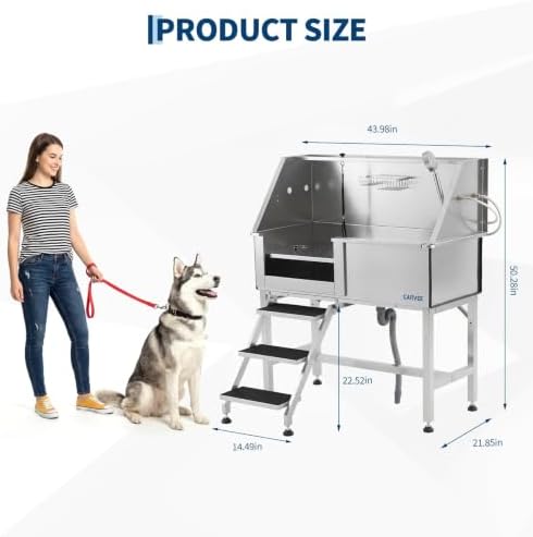 Professional Stainless Steel Dog Washing Station 46 Inch – Heavy Duty Pet Grooming Bathtub – Brushed Finish – Access Stairs – Grooming Arm & Showerhead – for Home or Salon – Left Opening Door