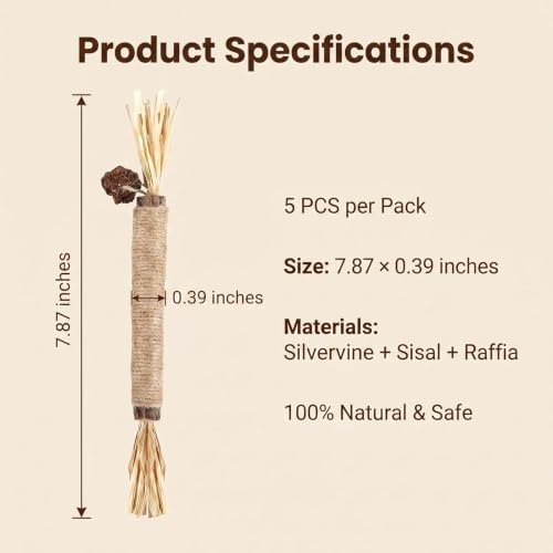 Shudyear 5 PCS Silvervine Sticks for Cats - Natural Cat Chew Toys for Teeth Cleaning, Kitten Teething & Aggressive Chewers
