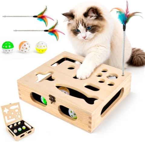 Cat Scratch Puzzle Enrichment Box, Wooden Interactive Toy for Indoor Cat