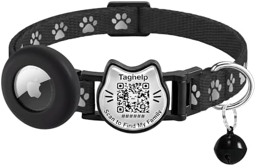 Cat Collar with AirTag Holder, QR Code Tag and Bell (Black, Paw Pattern)