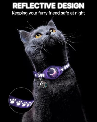 Cat Tracker Collar - Waterproof Airtag Cat Collar with Finder Tag, Purple | Compatible with Apple Find My (iOS ONLY), Breakaway Tractive Design with Reflective Pattern & Bell (Not for Android Devices)