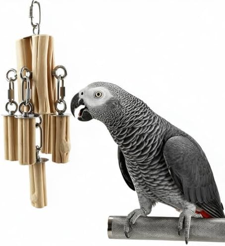 AOTU Medium Large Parrot Chew Toy, 304 Stainless Steel Natural Hardwood Bird Toys, Safe Durable Hanging Interactive Enrichment Toy for Macaw, Cockatoo, African Grey, Amazon Parrots