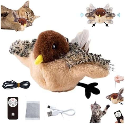Flying Bird Cat Toy(Not a Flying Bird), Simulated Chirping Bird Cat Toy Flapping Wings, Rechargeable Interactive Flappy Birds, Cats Toys with Feather Tail