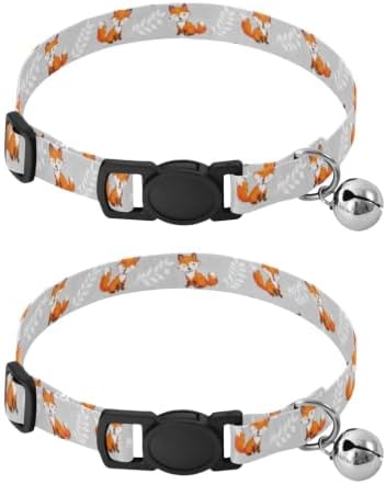 2 Pack Cat Collar Cute Cartoon Fox Branches Grey Small Dog Collar with Bell, Adjustable Length 10.6" to 17.1"