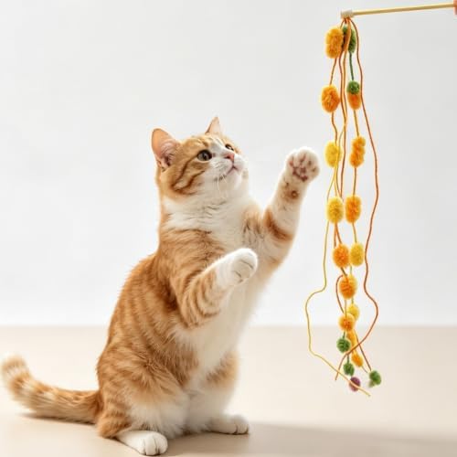 Cat Wands 4 PCS Colorful Pom Pom String Teaser Stick Interactive Cat Toys