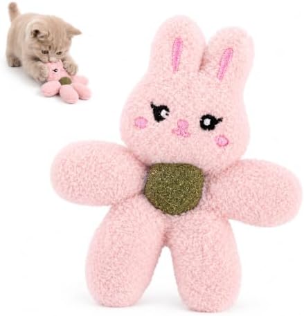 Plush Catnip Toys for Indoor Cats, Interactive Kitten Chew Toys for Teething & Dental Care, Durable Nylon Animal Shape Kicker Toy with Natural Catnip Ball for Boredom Relief (Rabbit)