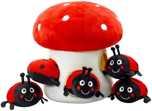 Hide and Seek Dog Toys, Interactive Squeaky Plush Puzzle Puppy Chew Toy to Keep Them Busy for Small Medium Large Dogs(Mushroom Hideaway with 5 Pack Ladybirds)