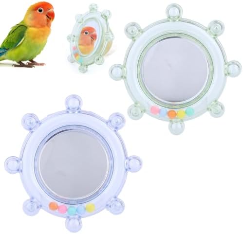 2pcs Bird Mirror Toy with Rustle Balls for Cage (Blue, Green)