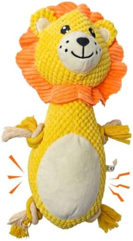 Yellow Lion Plush Chew Dog Toy, 13.8 in, Squeaker and Rope