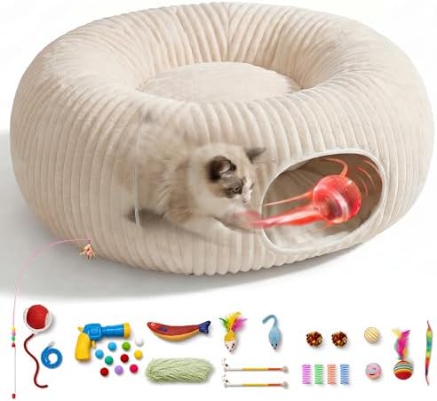 Cat Tunnel Bed with 31 Pcs Interactive Cat Toys, Automatic Cat Toys for Indoor Cats Kittens, Cat Tube with Moving Ball, White