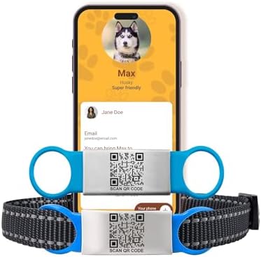 Smart Slide-On QR Code Pet Tag – Silent Dog & Cat ID Tag with Laser Engraving – Stainless Steel & Silicone – No App Needed – Custom Pet Profile – Fits Most Collars (Blue, Small)