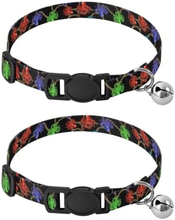 2 Pack Cat Collars Colorful Octopuses Black Decorative Pet Collar with Bell, Adjustable 10.6 to 17.1 Inches
