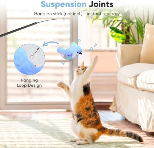 Petbobi Flappy Bird Cat Toy - Realistic Interactive Cat Toy with Sparrow Bird Chirp Tweet Flapping Wings (Non-Flying Design), Rechargeable Motion-Activated Catnip Toys for All Breeds Kittens, Blue