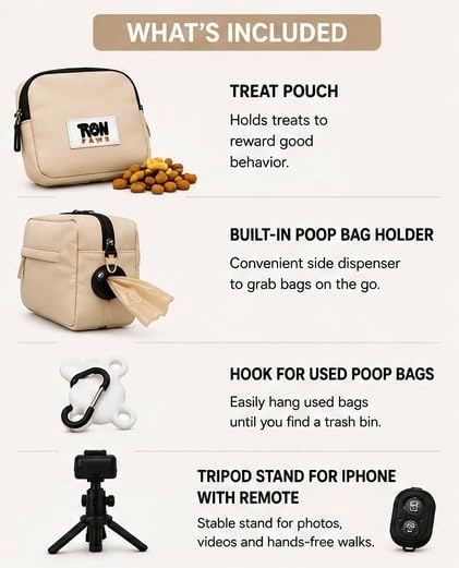 Hands-Free Dog Walking Crossbody for Training, Treat Pouch, Built-in Poop Bag Dispenser, Used Bag Hook & Bonus Tripod (Beige)