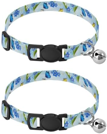 Blue White Flowers Cat Neck Collar, 2 Pack Breakaway Cat Collars with Bell